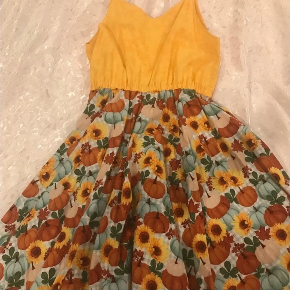 Girls Yellow Sunflower & Pumpkin Print Dress Size 14 NWOT, Lollipop Garden